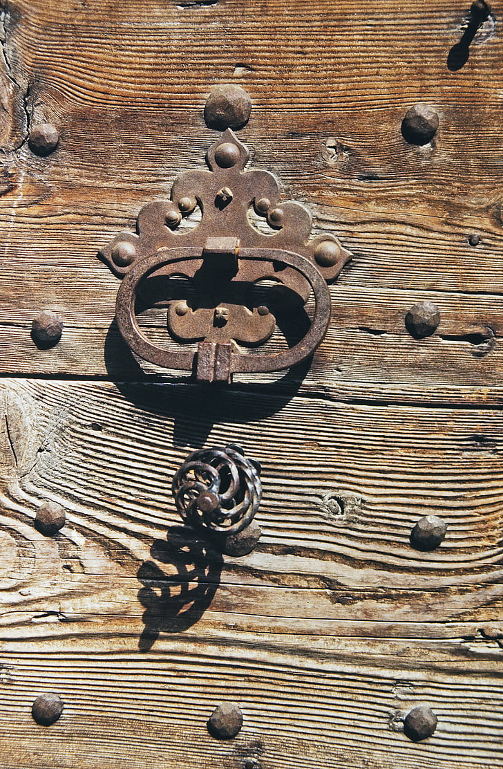 doorknocker, handle pintu, pintu, kayu, logam, besi, lama