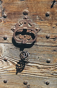 doorknocker, maneta de la porta, porta, fusta, metall, ferro, vell