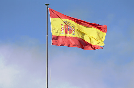 Bandera, España, mástil, cielo, capa de brazos, ola