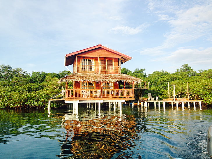 caribbean, house on water, house on stilts, coastline