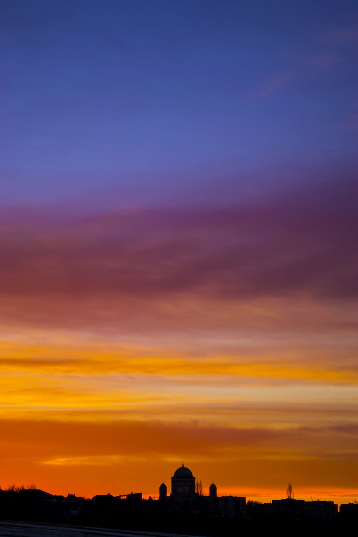 solnedgång, Basilica, Esztergom, kyrkan, Sky, färg