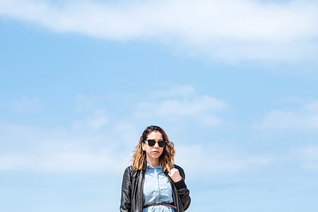 woman, black, leather, jacket, posing, sky, sunglass