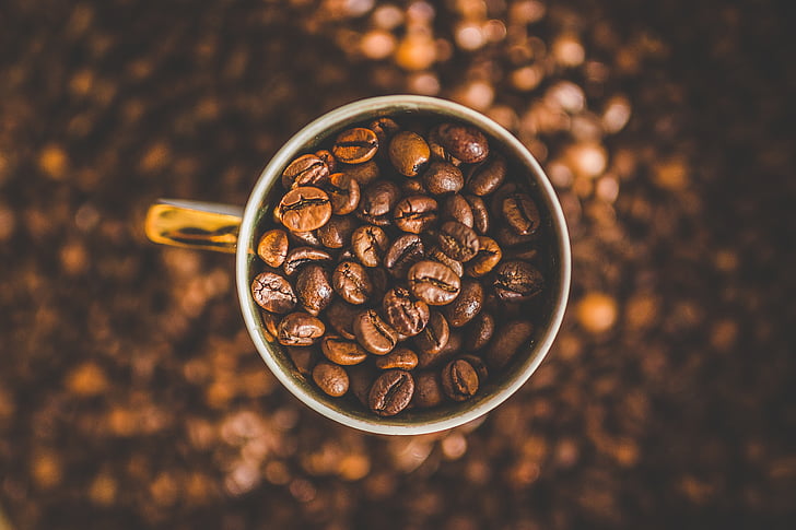 Kofeín, káva, kávové zrná, pohár, makro, hrnček, pražené kávové zrno