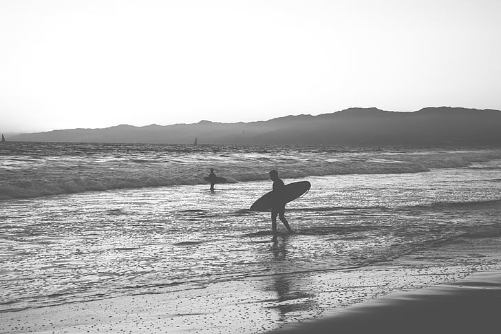 person, holde, surfebrett, kysten, gråtoner, Foto, surfing