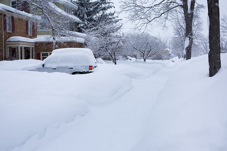 dyb sne, vinter, Michigan, bil, snedækket gade, dækket