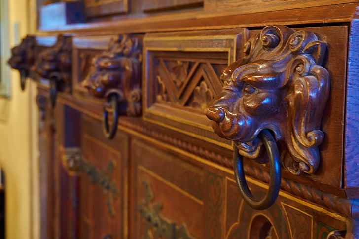wood, carving, lion head, cabinet, middle ages