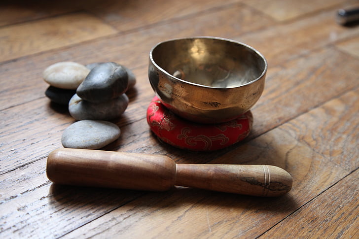 tibetan bowl, meditation, pebble, wood - material, no people, studio shot, indoors