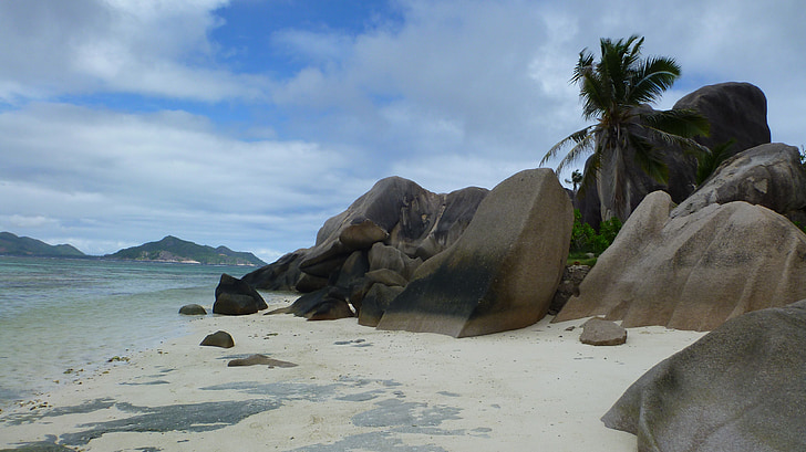 Seychellerna, Holiday, Indiska oceanen, Rock, vacker strand, palmer, ön