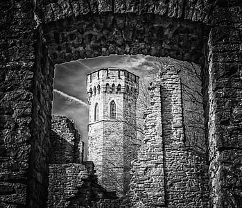 Schloss, Turm, im Mittelalter, Ritterburg, Ruine, historisch, Wand