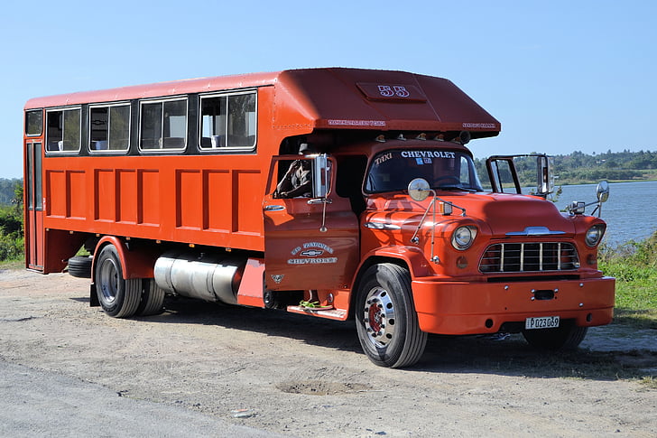 Cuba, Automático, Oldtimer, camión, transporte de pasajeros, rojo, vehículo