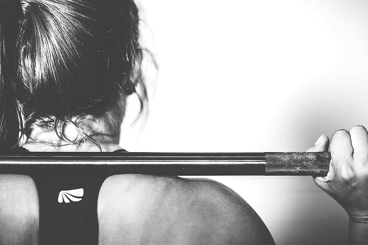 woman, holding, bar, grayscale, photo, girl, barbell
