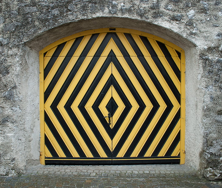 goal, yellow, black, striped, door, wooden gate, castle