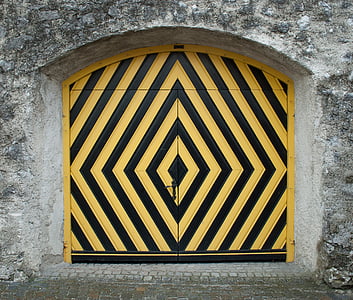 cieľ, žltá, čierna, pruhované, dvere, drevené brány, hrad