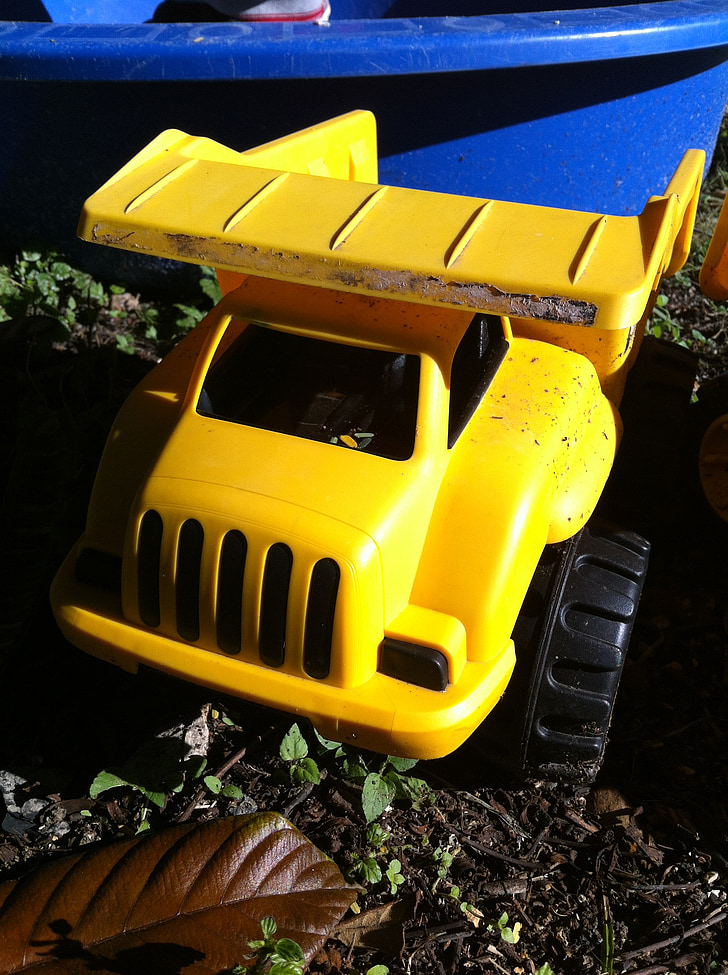 truck, garden, outside, sand pit, earth mover, yellow, tonka