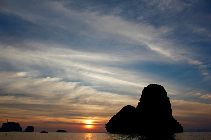 岛屿, 岩石, 日落, 阴影, 海, 海洋, 泰国