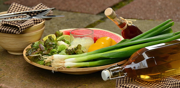 oignons de printemps, poireau, salade, Frisch, en bonne santé, vitamines, salade mixte