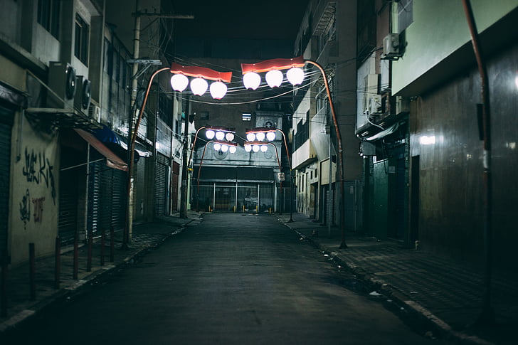 person, taking, picture, street, lights, night, alley