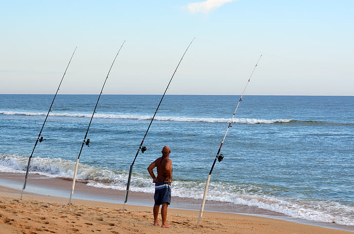 surfati ribar, štapova za pecanje, pijesak šiljak, oceana, krajolik, valovi, slana voda