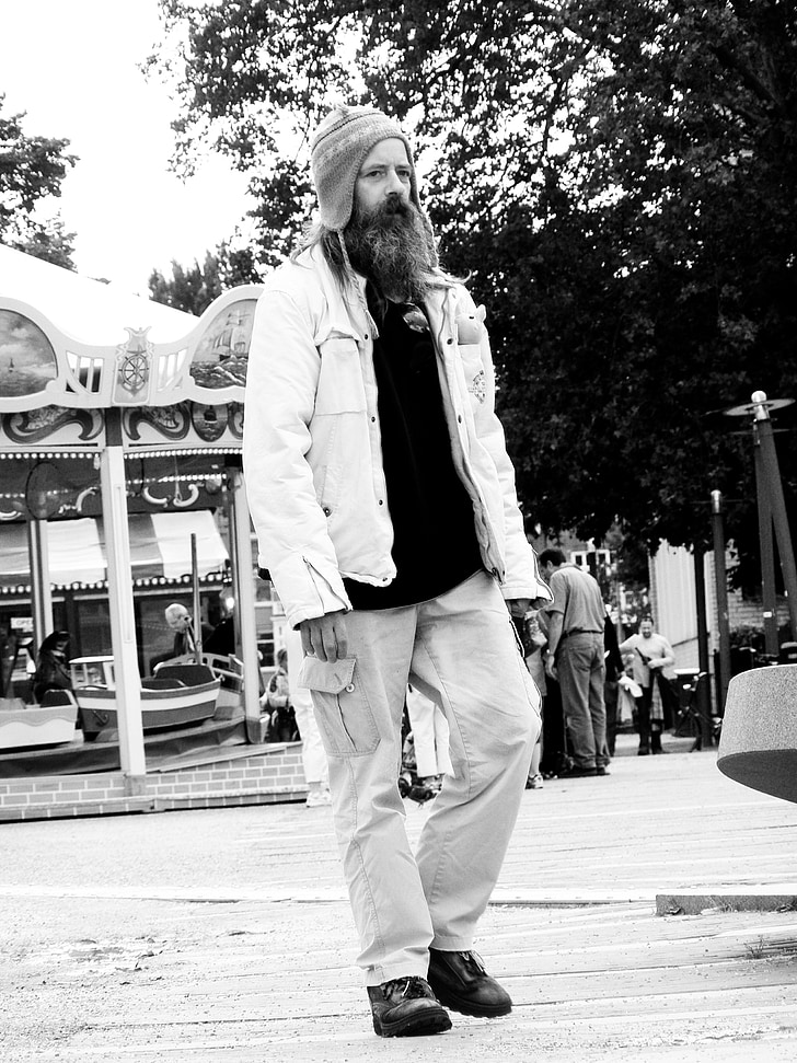 hjemløse, mann, svart-hvitt, Amsterdam