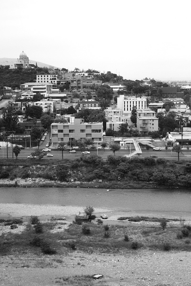 ville, Monterrey, rivière, côté, blanc, noir