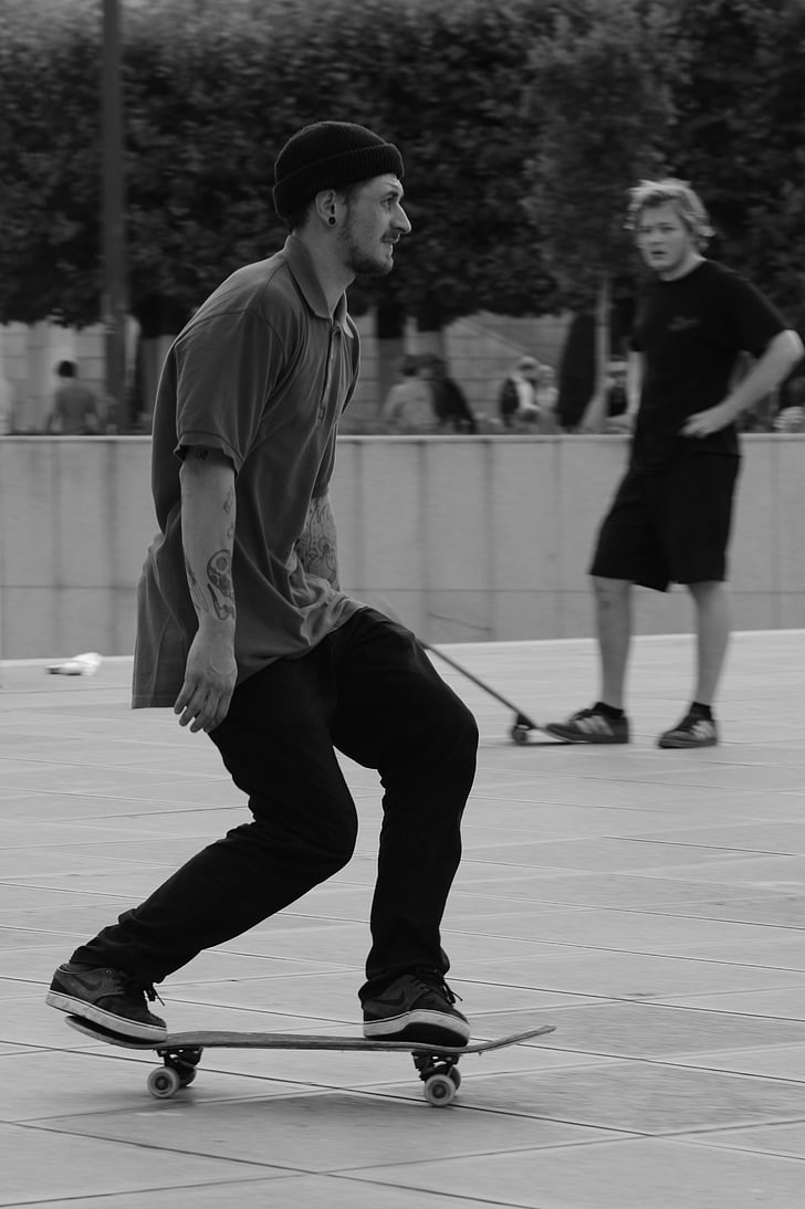 skridskor, skater, skateboard, mannen, personer, cool, svart och vitt