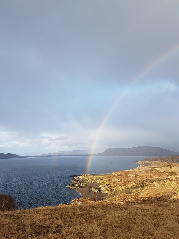 rainbow, field, scotland