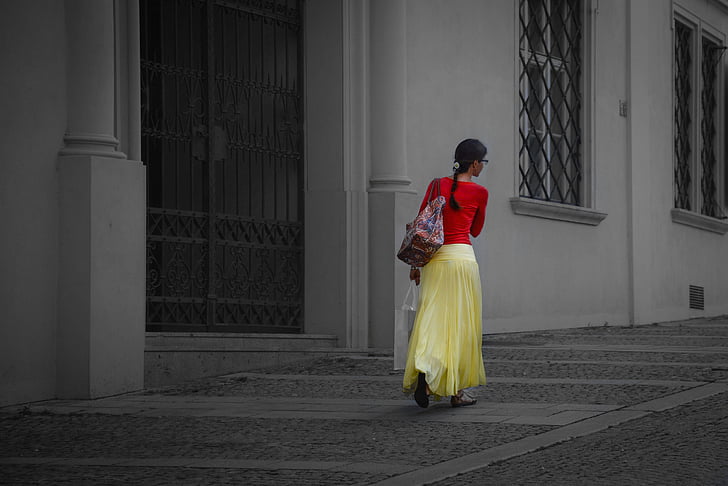 woman, red, yellow, female, walking, girl, young