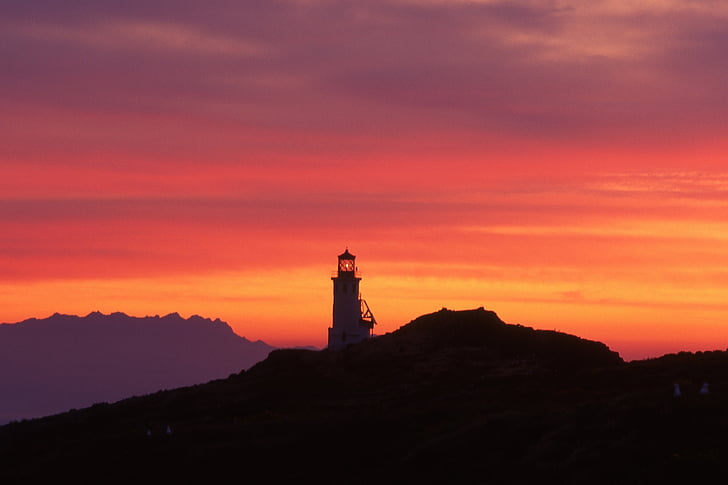 sunrise, lighthouse, dawn, silhouettes, mountains, coast, sky