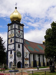Hundertwasser, baernbach, Rakousko, kresba, Architektura, kostel