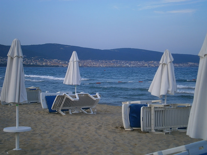 Bulgaria, sjøen, sand, stranden, kveld, parasoll, solseng