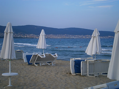 Bulgaaria, Sea, liiv, Beach, õhtul, päikesevari, lamamistooli