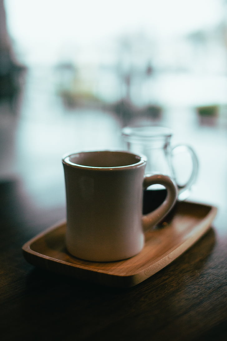cup, mug, coffee, tea, plate, wood, restaurant