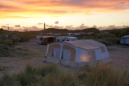 Kemping, rozkladací karavan, Amrum, západ slnka, duny, večer, Camping
