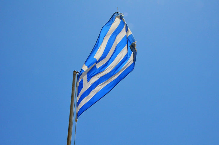 флаг, вятър, Гърция, powiewająca, банер, мачта, синьо