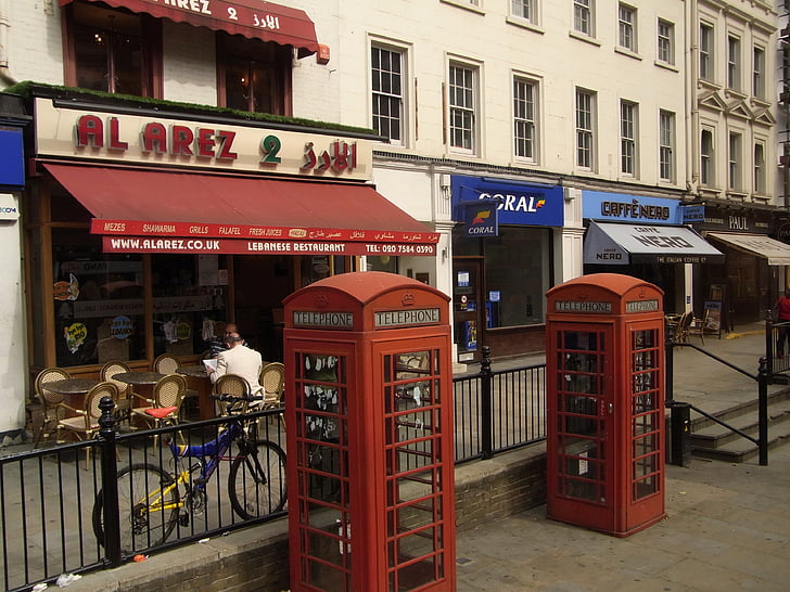 Londýn, pohľad z ulice, Európa, Veľká Británia, Telefónna búdka, telefón, Spojené kráľovstvo