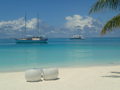 homokos strand, ülőpárnák, csónakok, Maldív-szigetek, Palm, fehér, türkiz