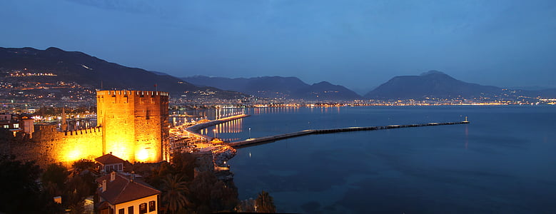 Alanya, nit, platja, ciutat, blau, Turquia, Costa turquesa