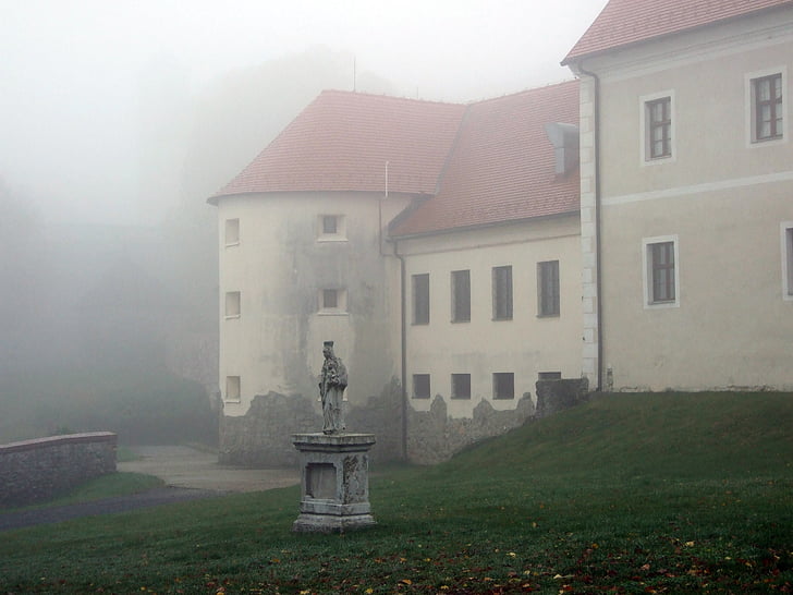slott, Slovakien, dimma, resor, träd, hösten, staty
