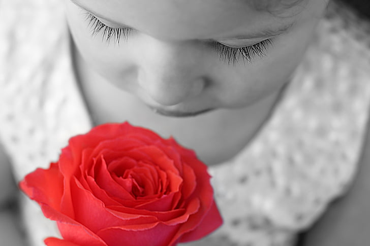 το παιδί, τριαντάφυλλο, λουλούδι, κόκκινο, smel, βλεφαρίδες, άτομα