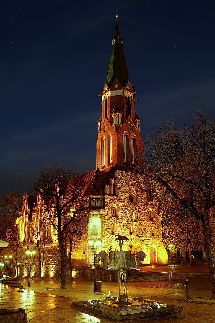 baznīca, naktī, apgaismoja, gotika, SOPOT, ķieģelis, tornis