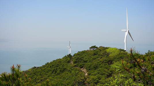 windmill, mountain, sea, landscape