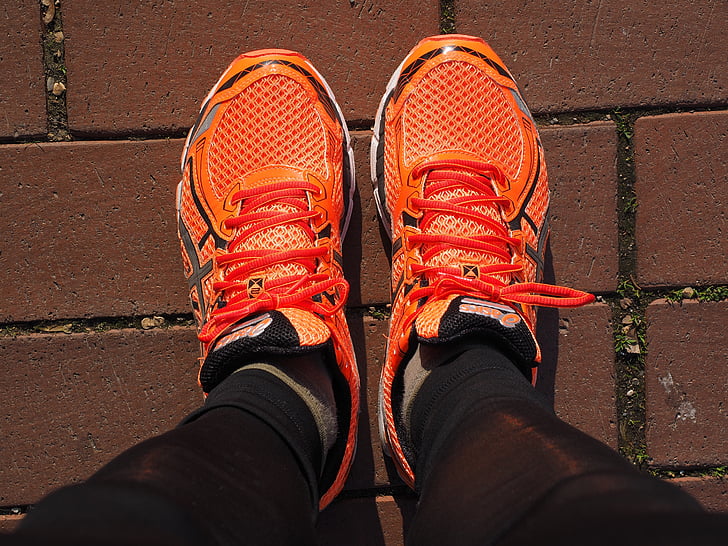 shoes, running shoes, orange, marathon shoes, sport, sneakers, jog