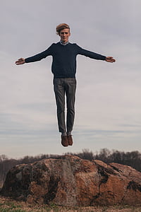 jump, levitate, man, model, rock, human arm, one person