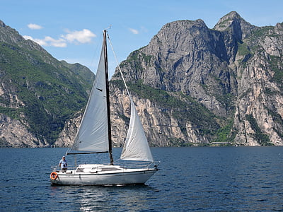 セーリング ボート, 湖, 山, 水, ガルダ, イタリア, 風景