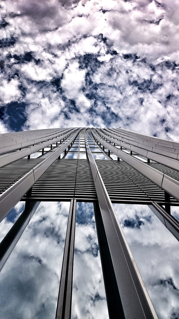 architecture, building, glass, high-rise, low angle shot, perspective, reflection