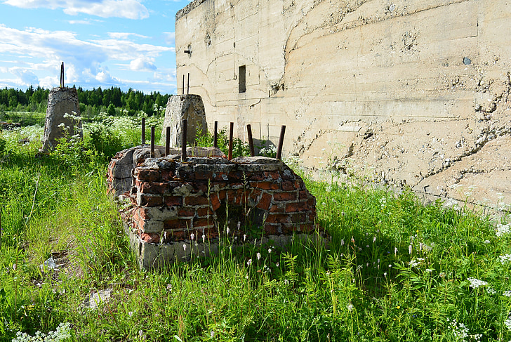Foundation, gamle, tysk, ovn, ødelæggelser, græs, væg