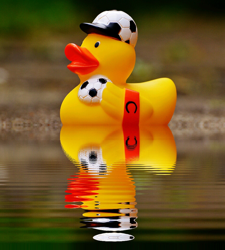 rubber duck, bath duck, mirroring, water, football, quietscheente, funny summer