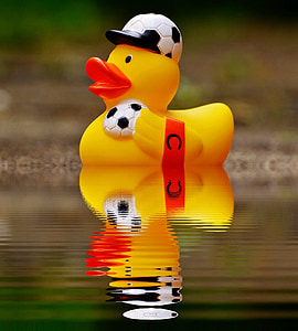 rubber duck, bath duck, mirroring, water, football, quietscheente, funny summer