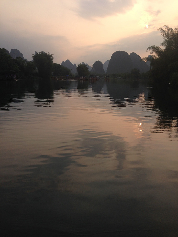 visningar, Yangshuo, Guilin, naturen, Asia, reflektion, solnedgång