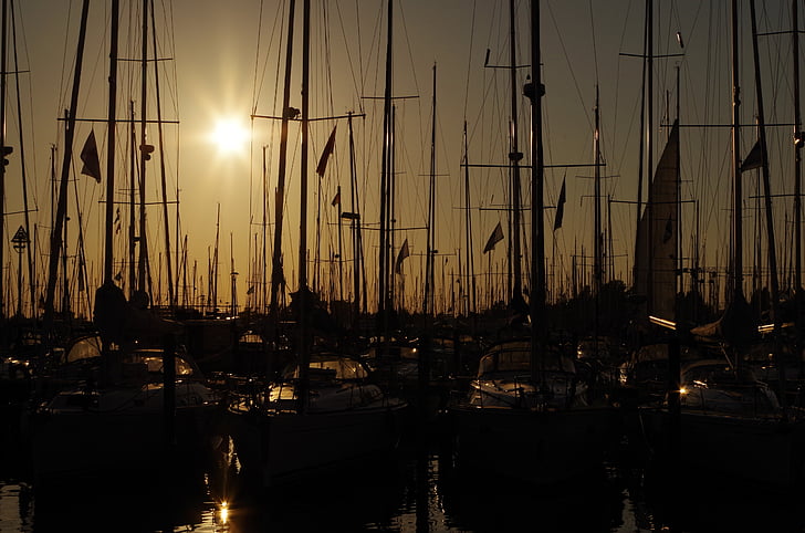 voile, port, coucher de soleil, botte, bateaux à voile, eau, navire